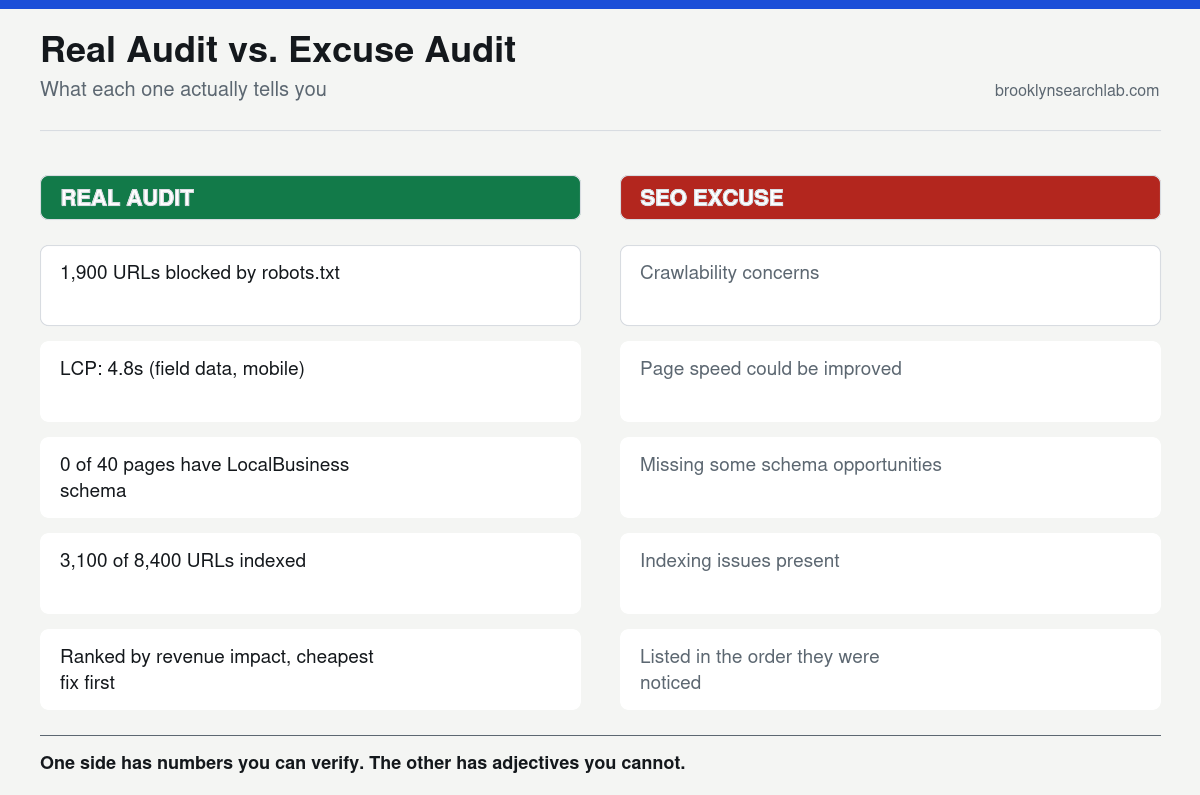 Two-column comparison diagram: a real SEO audit column shows specific measurements like crawlable URL count, indexed page percentage, LCP in seconds, and schema validation errors, next to an SEO excuse column showing vague phrases like crawlability concerns, speed could be improved, and missing schema opportunities